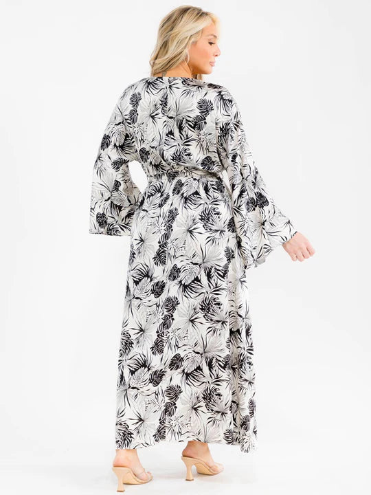 PLUS SIZE LONG SLEEVE SURPLICE SELF TIE SIDE SLIT LEAF PRINT MAXI DRESS