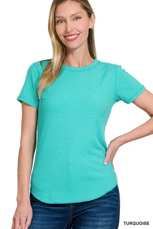 Ribbed Curved Hem Round-neck Tee