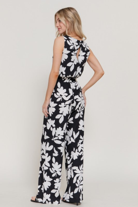 Sleeveless Print Texture Knit Jumpsuit