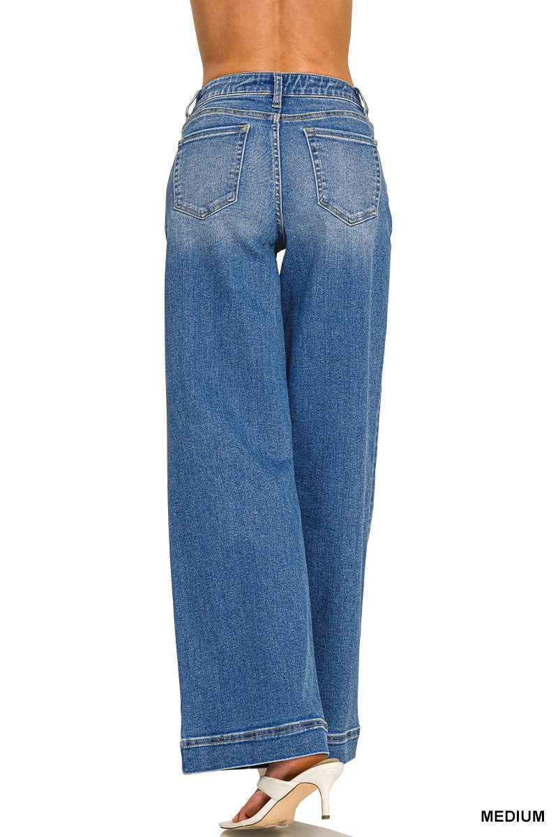 Wide Leg Pintuck Jean- Medium Wash