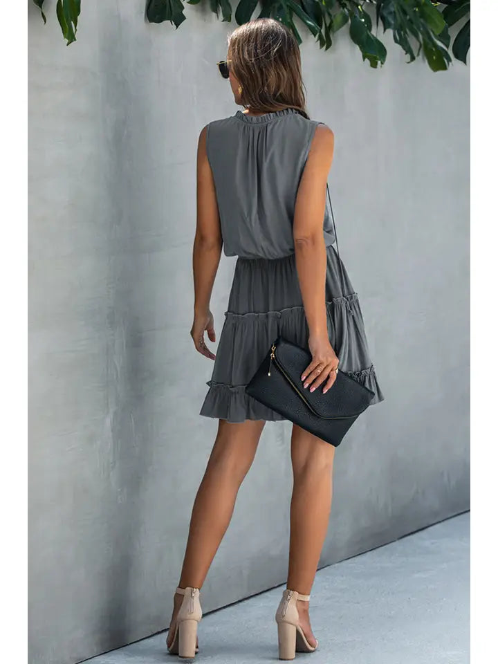 Sleeveless Tie Neck Frill Trim High Waist Tiered Layer Dress