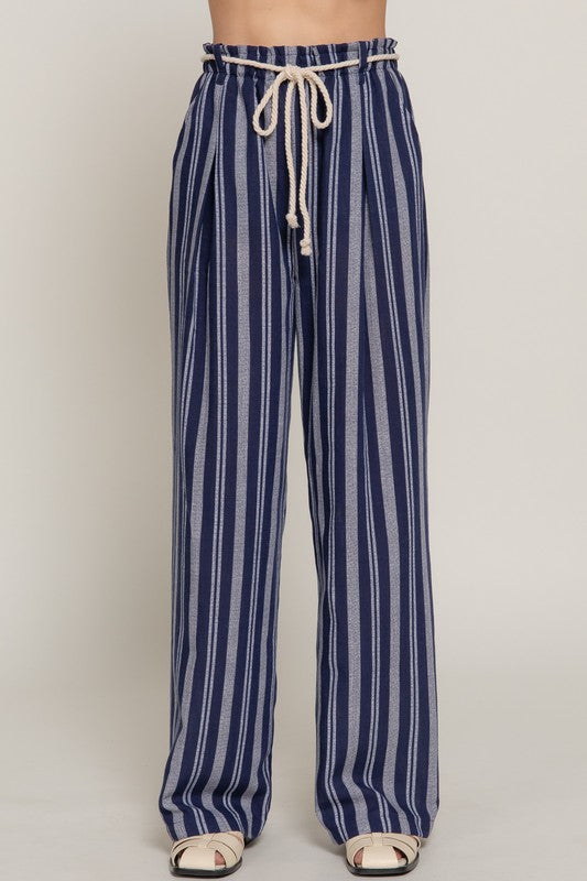 Rope Belted Stripe Print Linen Effect Pants