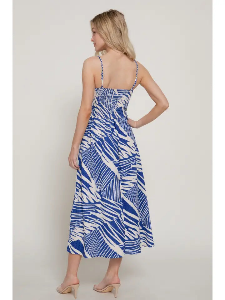 Smocking Detail Printed Texture Knit Cami Long Dress