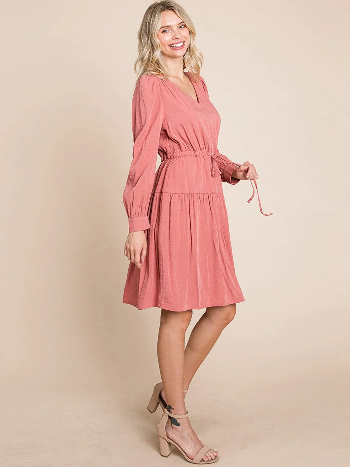 WOMEN'S LONG SLEEVE V-NECK MIDI DRESS