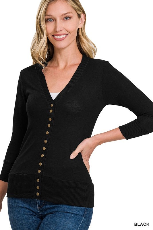 SNAP BUTTON SWEATER CARDIGAN 3/4 SLEEVE