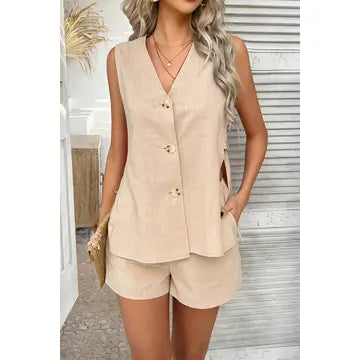 Two Pieces Button Down V Neck Suit Short Sets