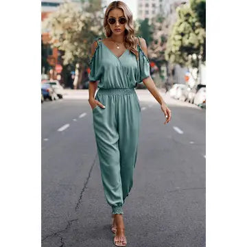 Solid Wrap V Neck Cold Shoulder Jumpsuit