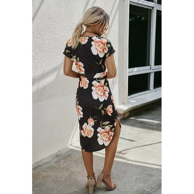 Notched Neck Floral Print Belted Fit Dress