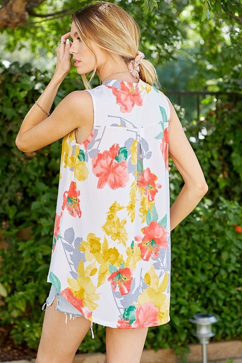 WOMEN FLORAL SLEEVELESS V NECK BLOUSE Ivory