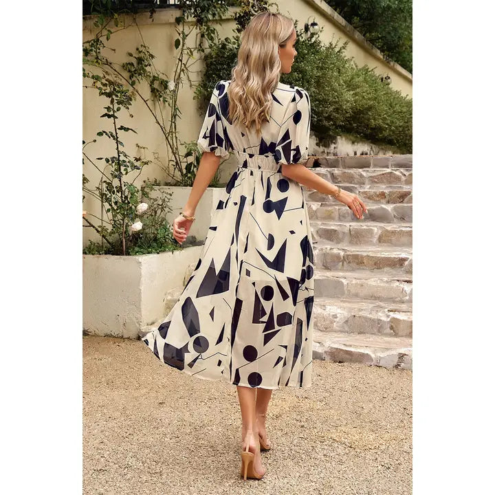 Bohemian V Neck Elastic Waisted Band Midi Dress
