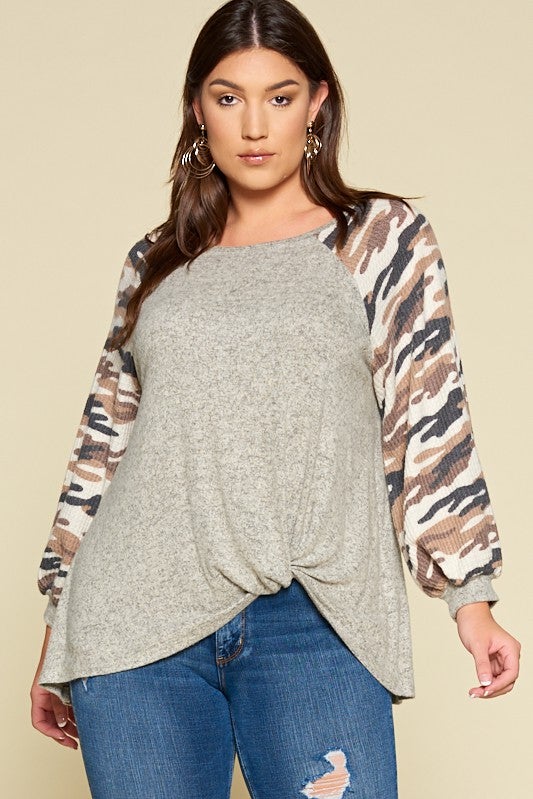 Plus Size Camo Sleeve Side Twist Top