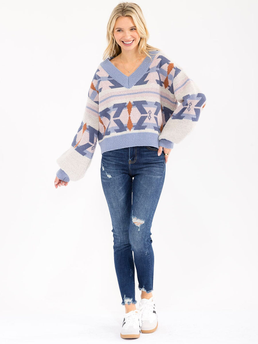 WOMEN'S LONG SLEEVE V-NECK MULTI PRINT PULLOVER SWEATER