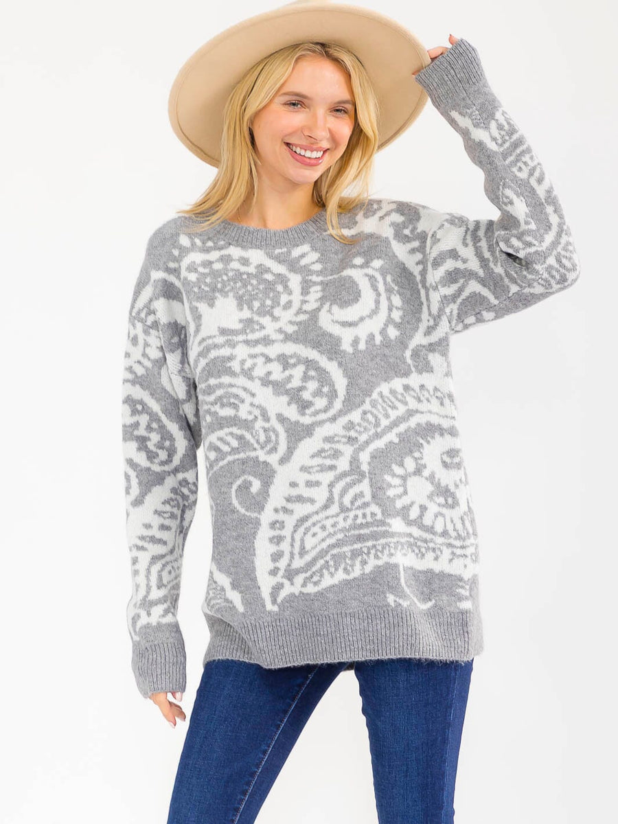 Gray & White Floral Long Sleeve Sweater