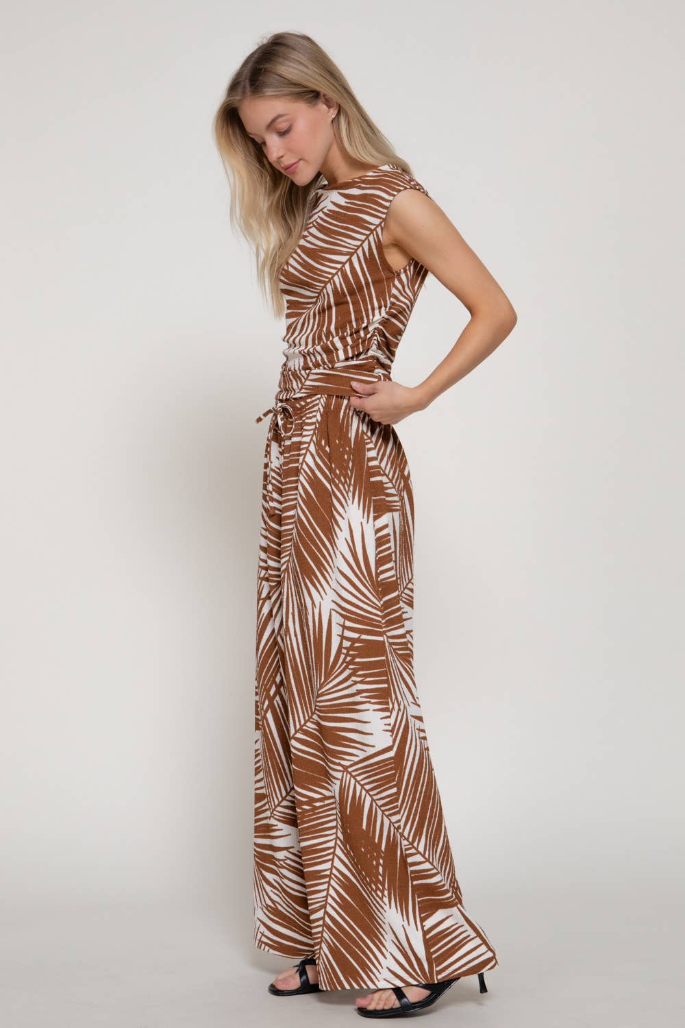 Texture Knit Print Sleeveless Ruched Top & Pants Set