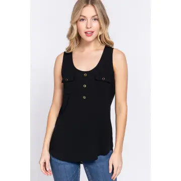 Sleeveless Scoop Neck With Buttoned Pocket Rayon