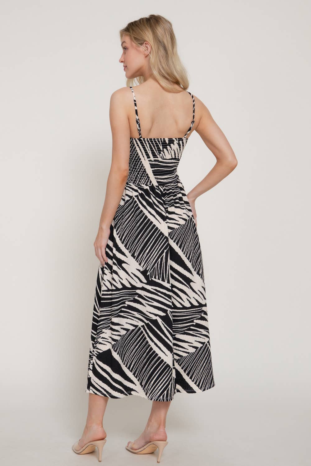 Smocking Detail Printed Texture Knit Cami Long Dress