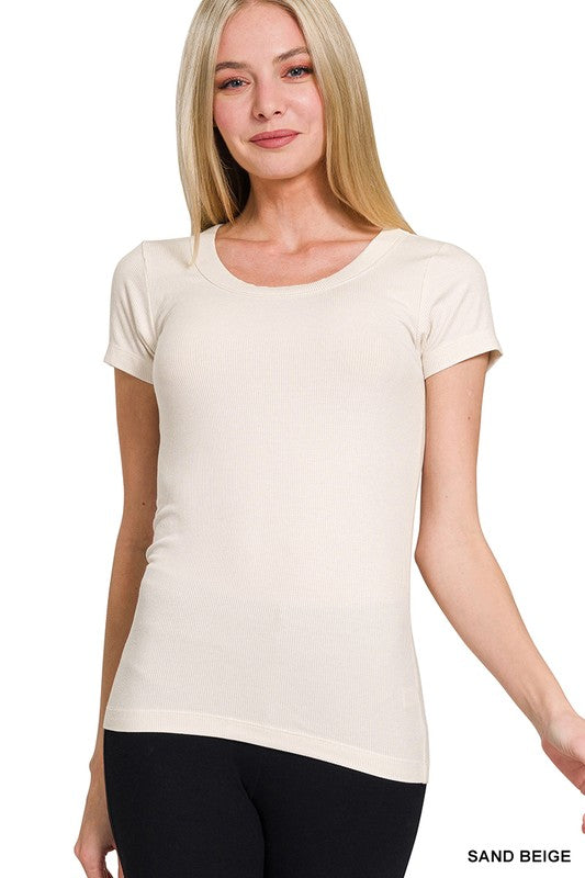 Ribbed Round Neck Short Sleeve Tee Shirts