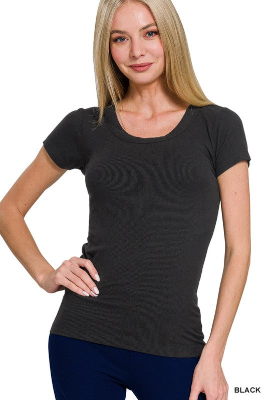 Ribbed Round Neck Short Sleeve Tee Shirts
