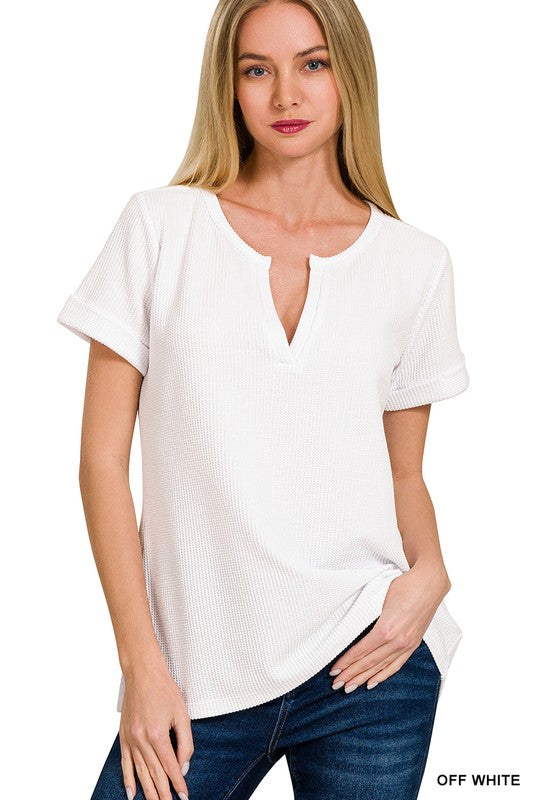 Baby Waffle Henley Neck Short Sleeve Top