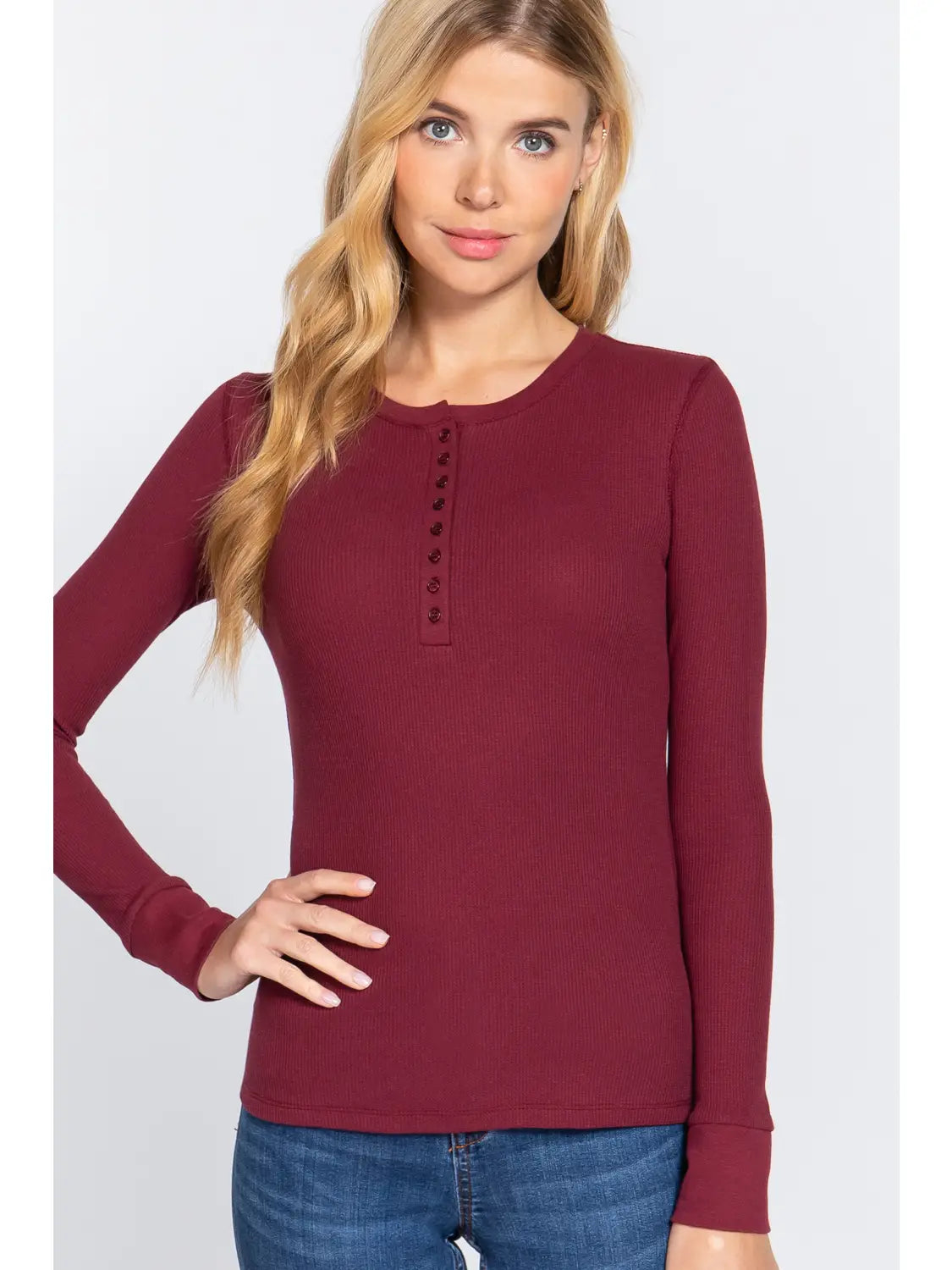Long Sleeve Henley Thermal Knit Top