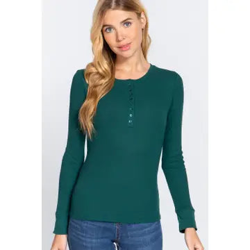LONG SLEEVE HENLEY THERMAL KNIT TOP