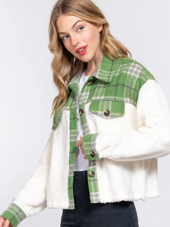 Plaid Contrast Faux Fur Jacket