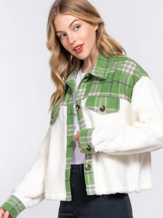 Plaid Contrast Faux Fur Jacket