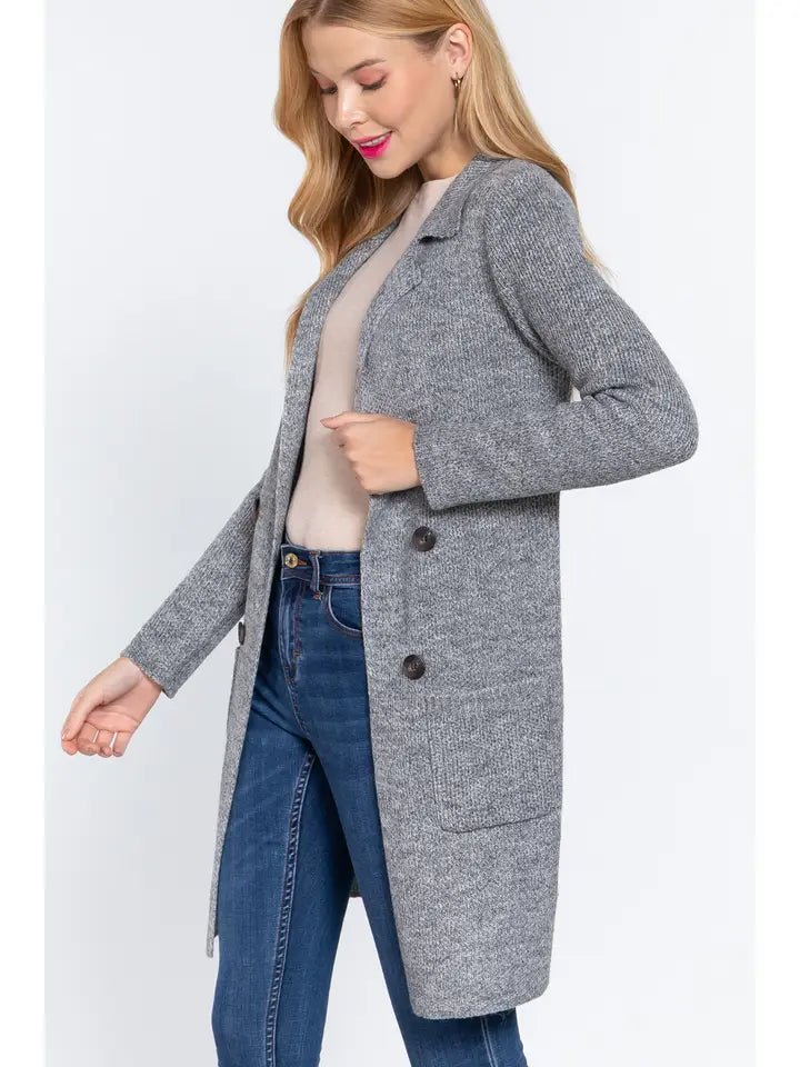 Long Sleeve Notched Collar Sweater Jacket