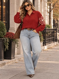 Plus size long sleeve button up embroidery detailed blouse