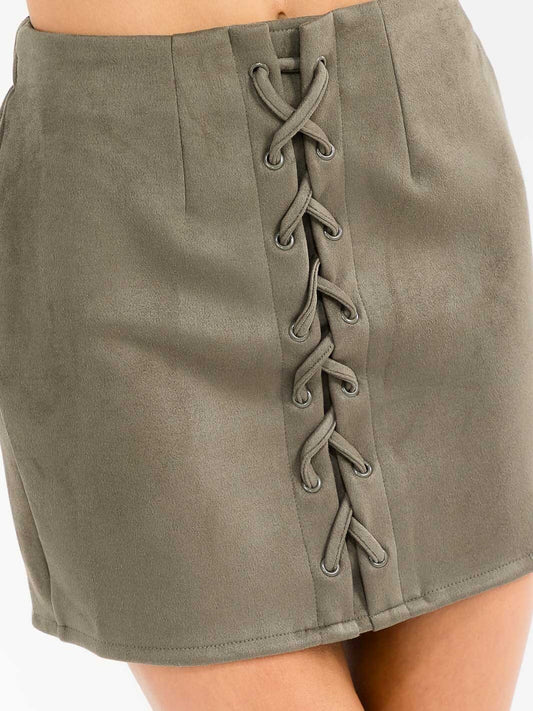 Zipper closure front lace up velvet mini skirt