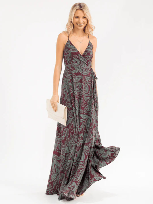 SLEEVELESS SELF TIE FLORAL WRAP MAXI DRESS