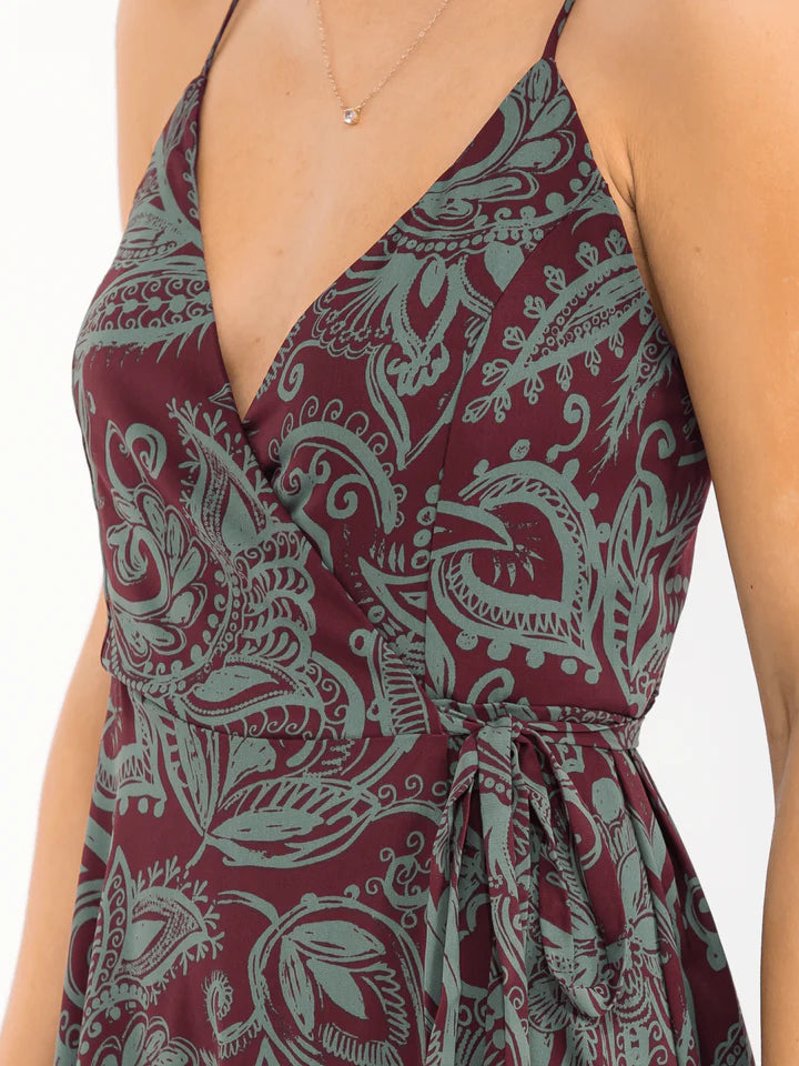 SLEEVELESS SELF TIE FLORAL WRAP MAXI DRESS