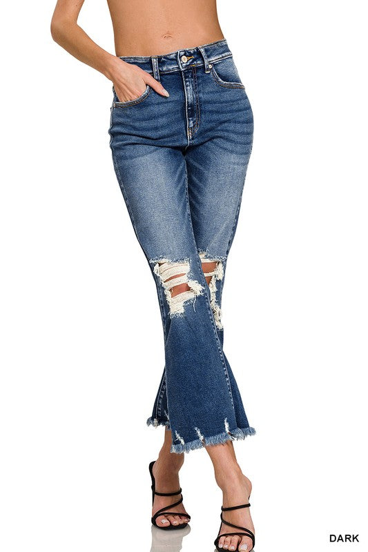 Distressed Knee & Hem Denim Pants Dark Wash