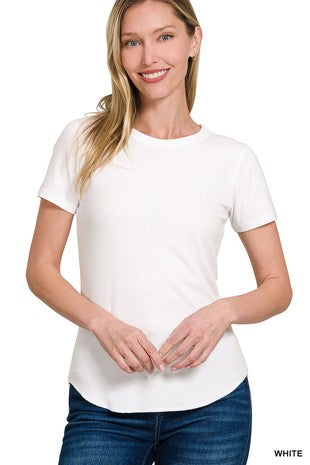 Ribbed Curved Hem Round-neck Tee