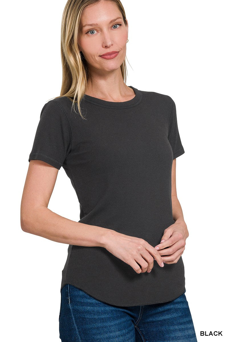 Ribbed Curved Hem Round-neck Tee