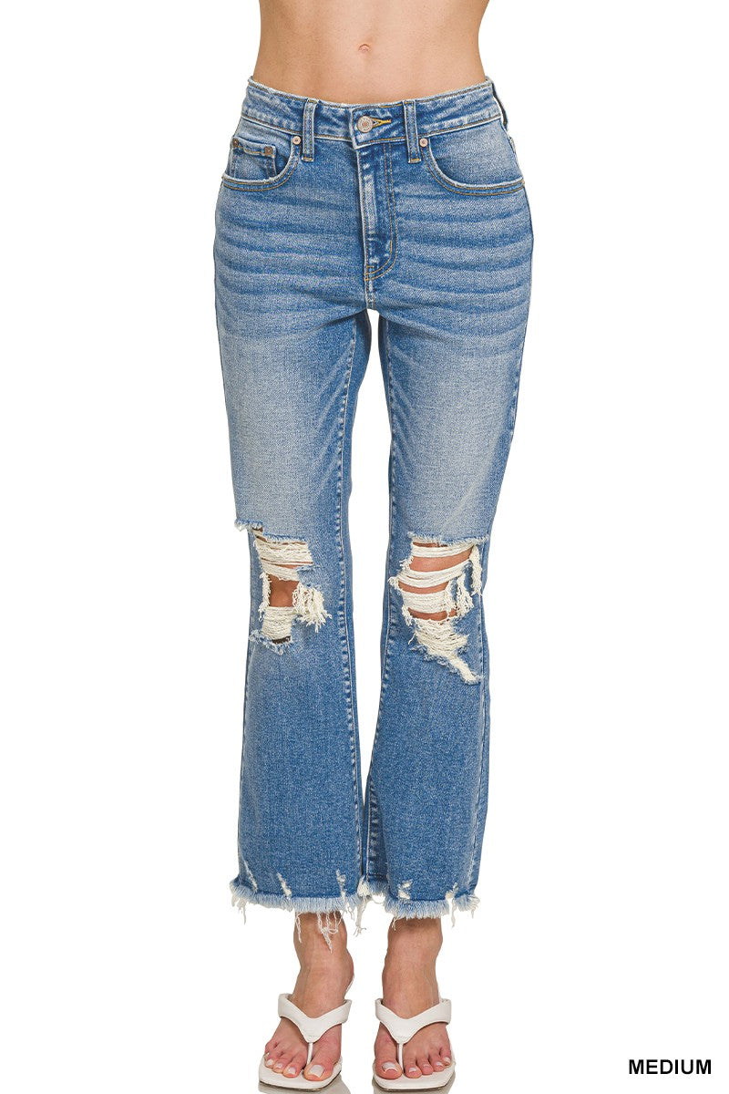 Distressed Knee & Hem Denim Jeans Medium Wash
