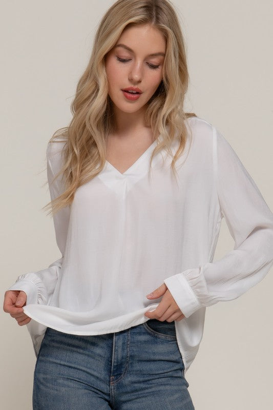 Long Sleeve V-neck Satin Blouse