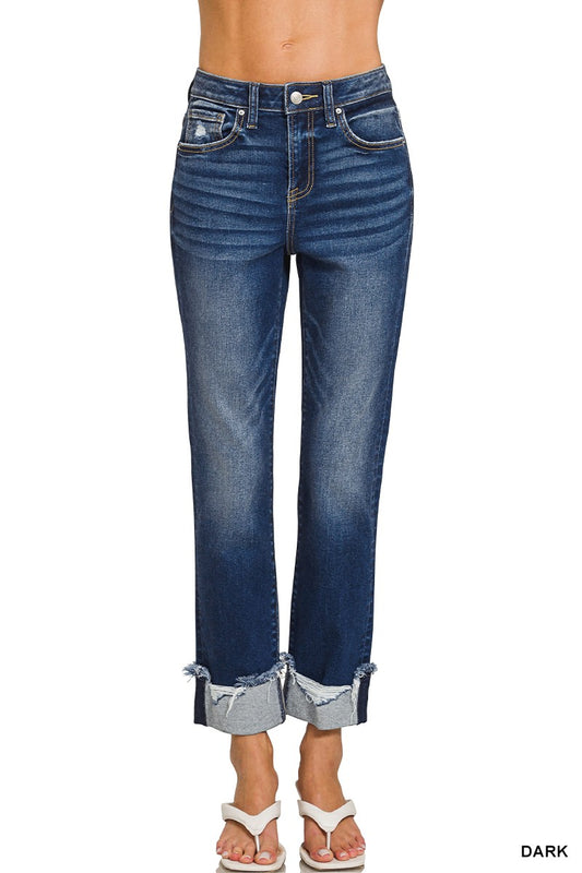 Cuffed Distressed Hem Jean- Dark