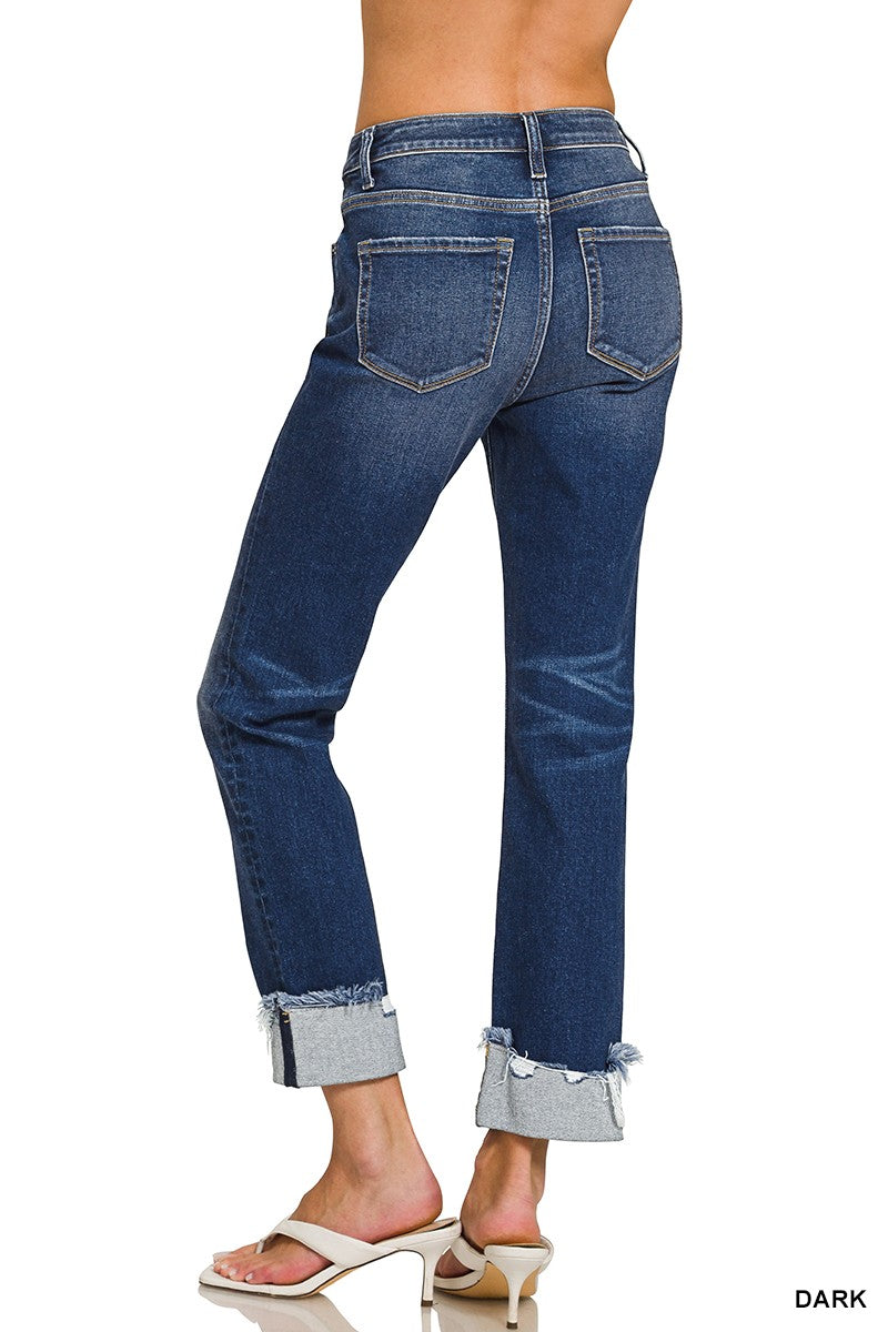 Cuffed Distressed Hem Jean- Dark