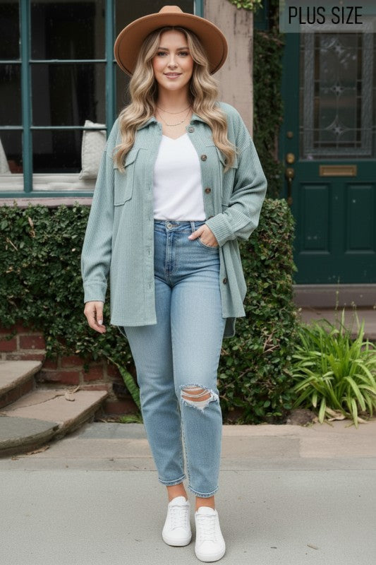 PLUS SIZE -  Dusty Blue Corduroy Jacket