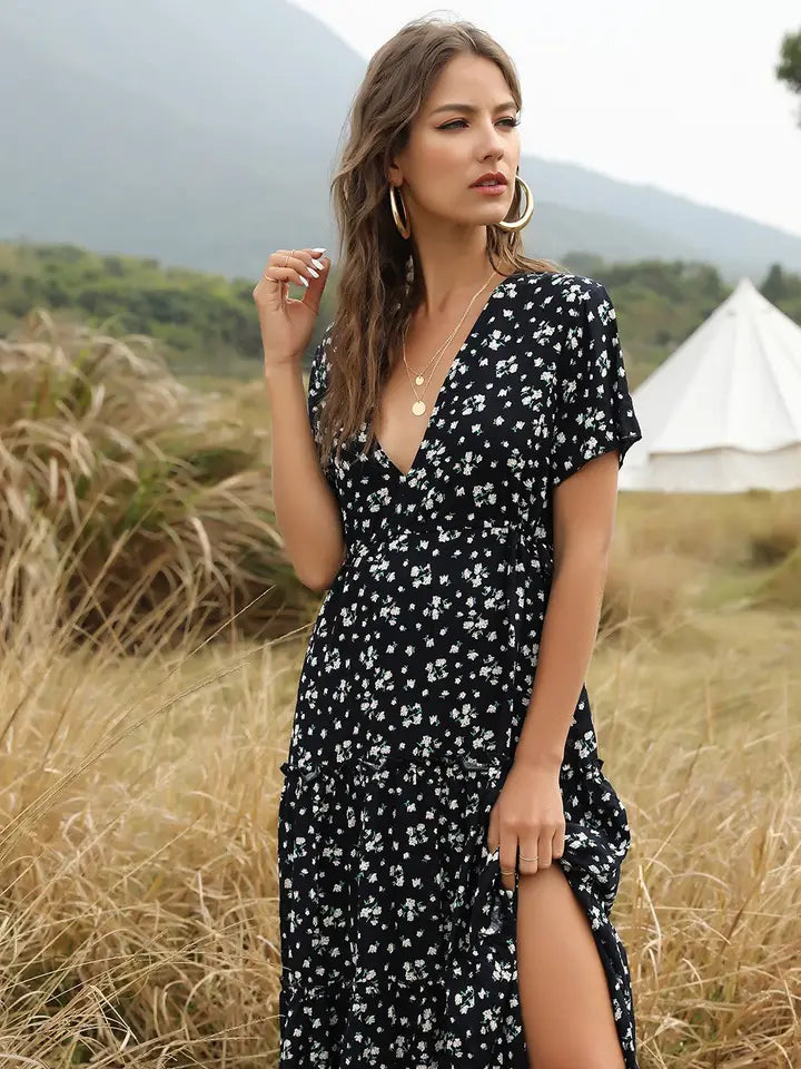 Elegant Floral Ruffle Deep V Neck Slit Dress