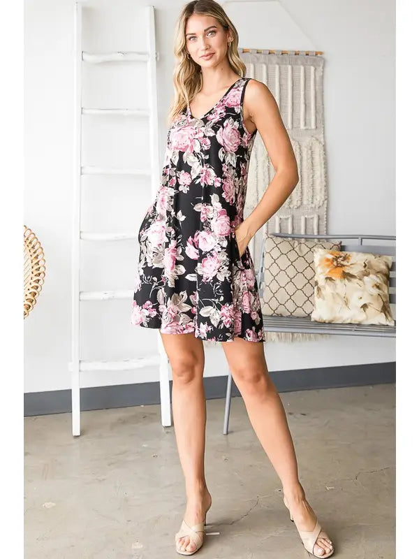 Plus Multi Color Floral Dress with Pockets