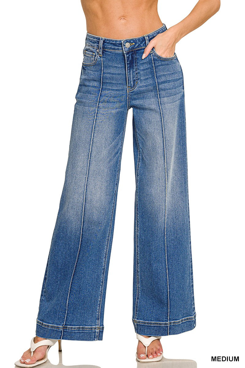Wide Leg Pintuck Jean- Medium Wash