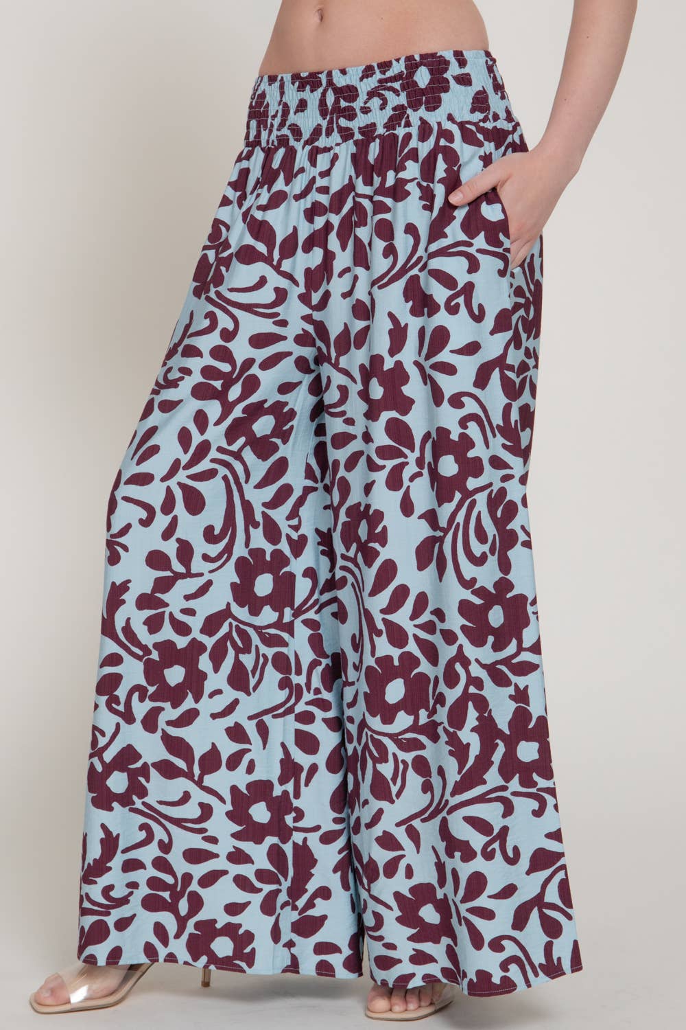 Smocking Detail Waistband Printed Woven Long Pants