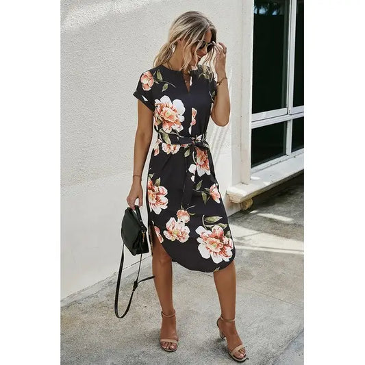 Notched Neck Floral Print Belted Fit Dress