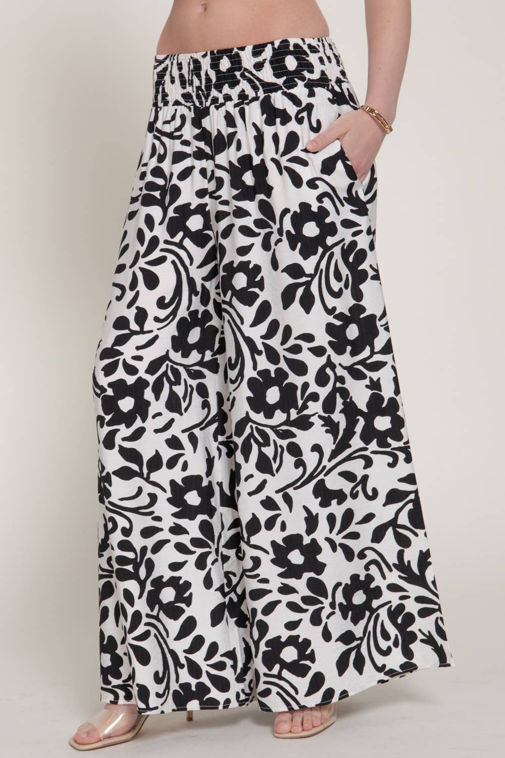 Smocking Detail Waistband Printed Woven Long Pants