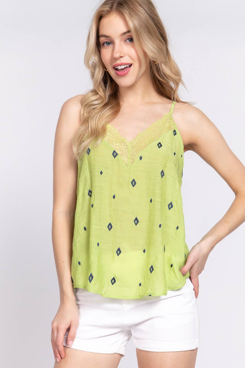 Deep V-neck With Lace Embo Cami Woven Top