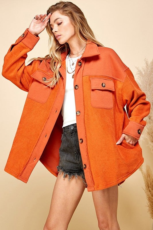 WOMEN FRONT POCKET BUTTON OVERSIZE JACKET