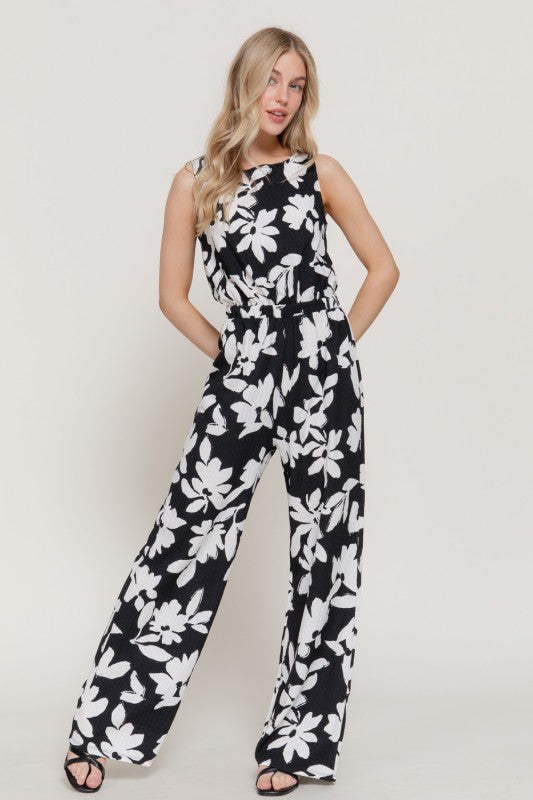 Sleeveless Print Texture Knit Jumpsuit