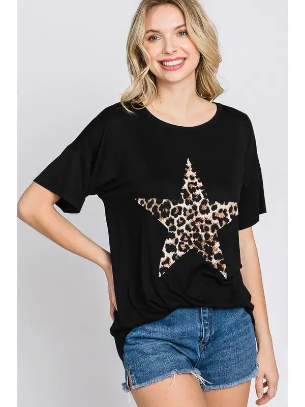 Plus Leopard Printed Star Patch Top